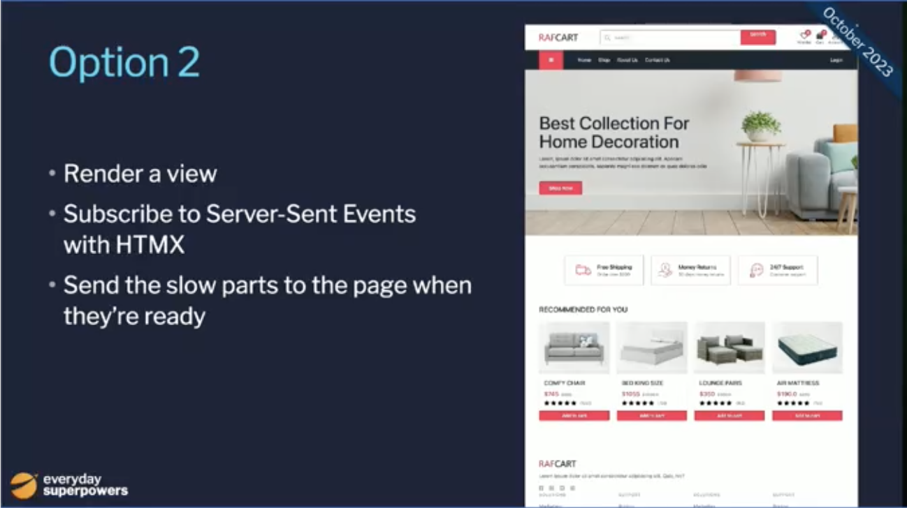 Option 2: Render a view, subscribe to HTMX Server-Side Events, send the slow parts to the page when they're ready