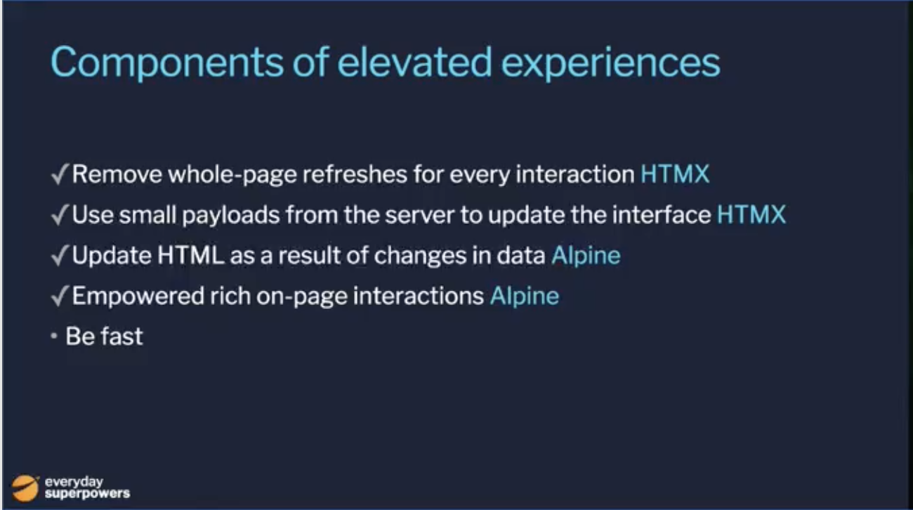Five components of elevated experiences: remove whole page refreshes for every interaction- accomplished with HTMX, use small pyaloads form the server to update the interface- accomplished with HTMX, update HTML as a result of changes in data- accomplished with Alpine, empower rich on-page interactions- accomplished with Alpine, be fast